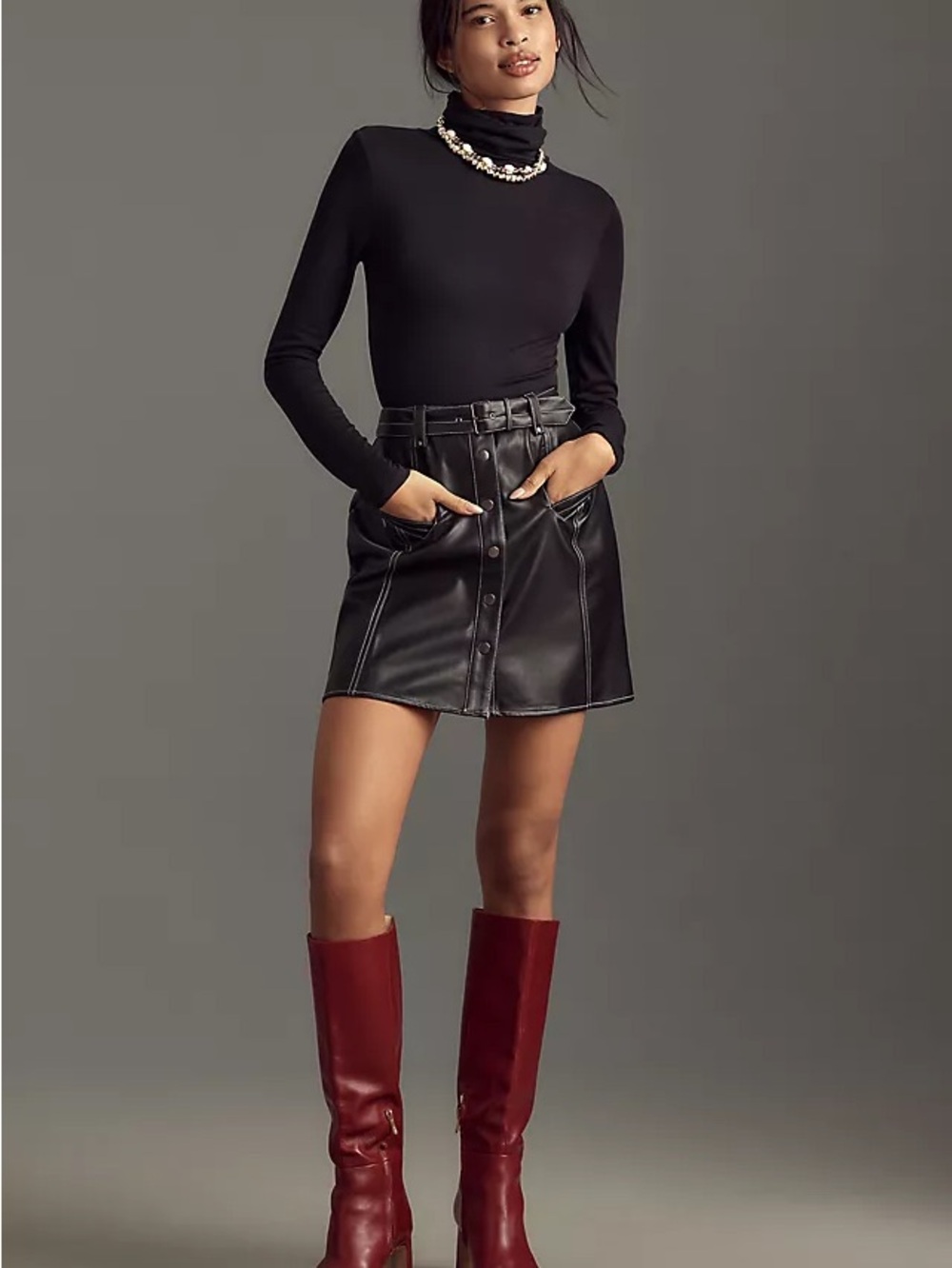 Anthropologie Black Faux Leather Button-Front Mini Skirt